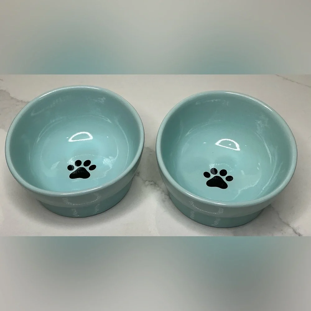 2 Fido’s Pet Bowls Elevated Blue Dog Cat Food/Water Bowls 1 Cup Capacity Paws